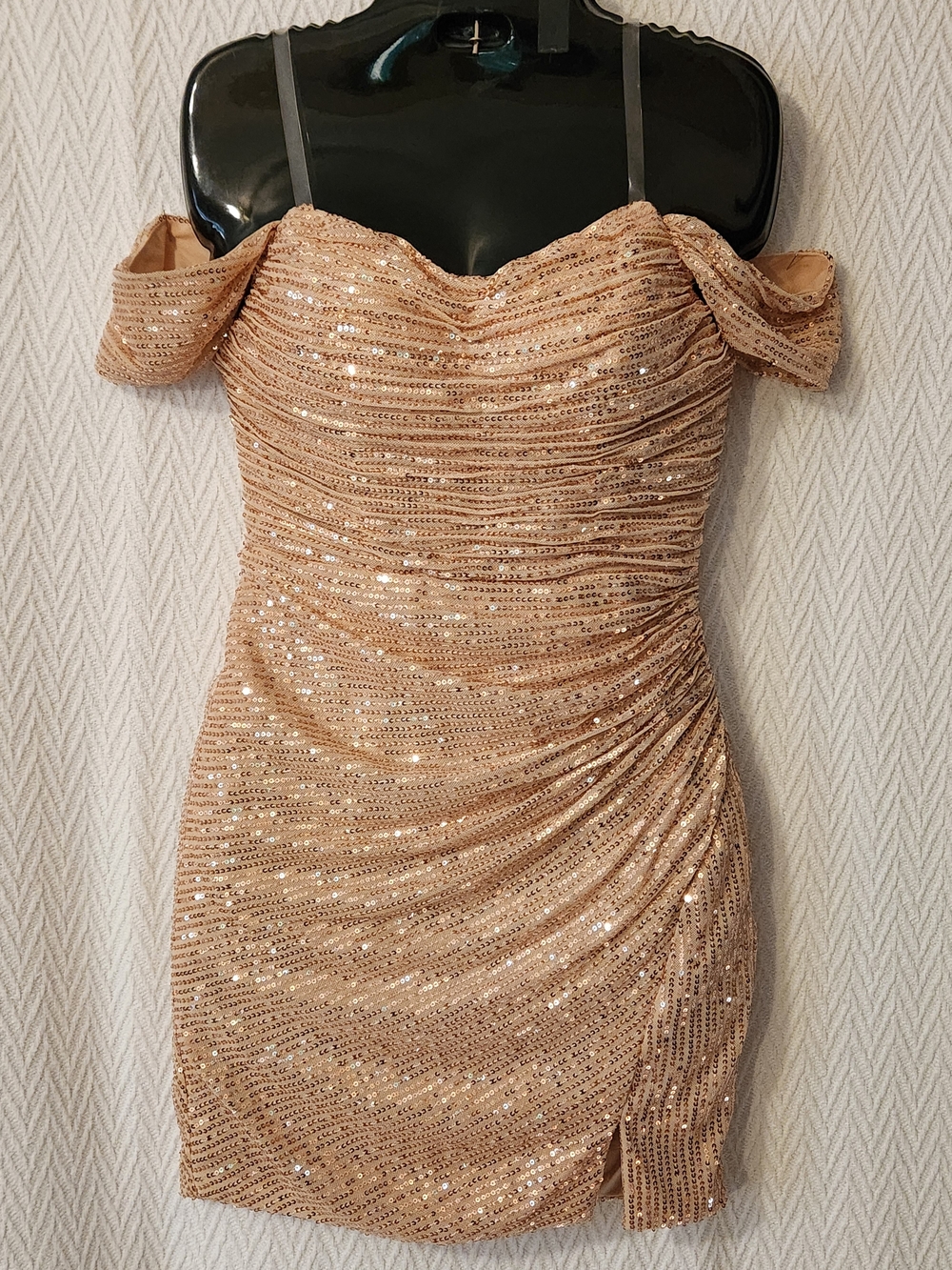 Champagne Color Sequin Off-Shoulder Ruched Party Dress Size 2